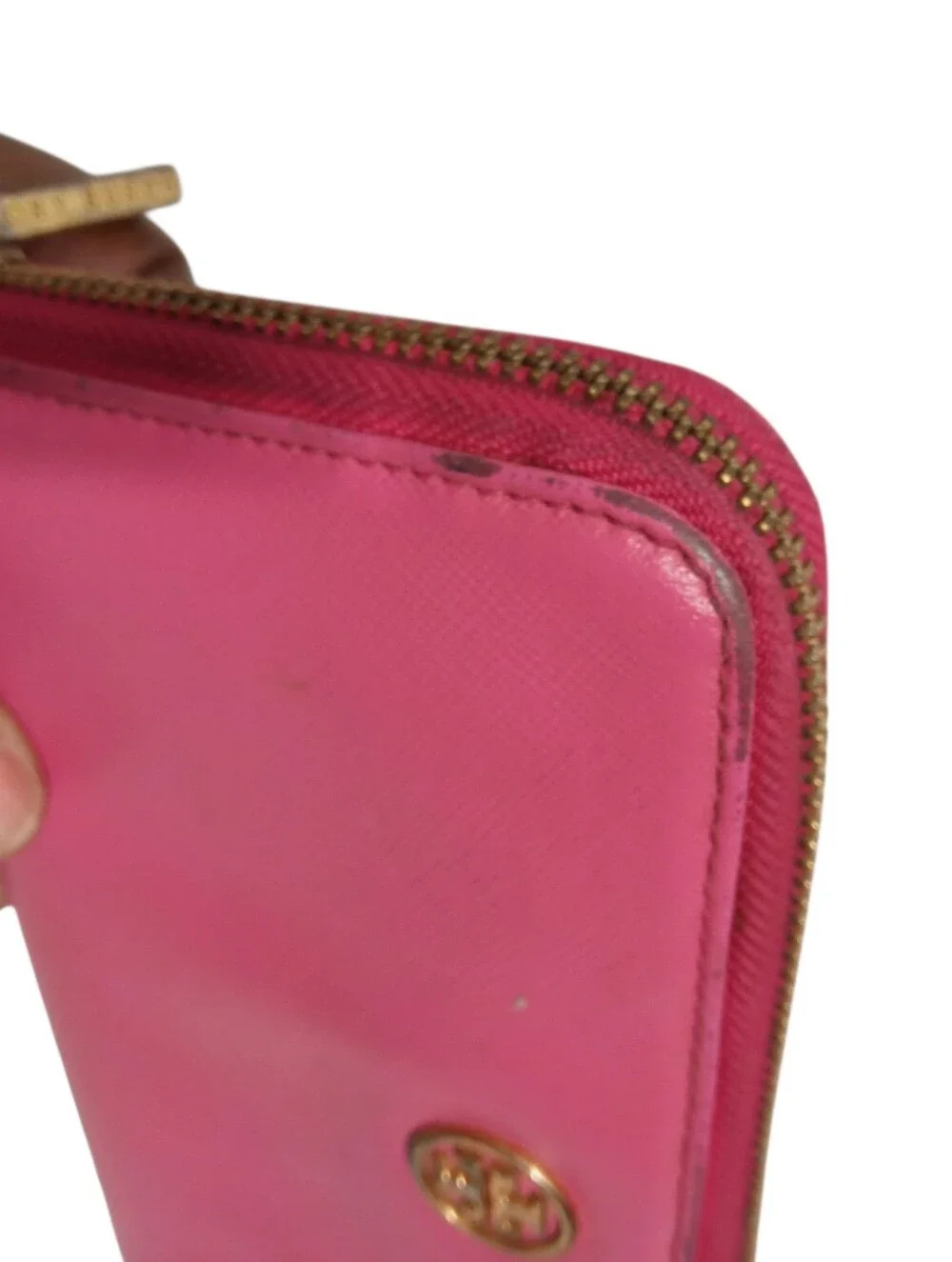 Tory Burch Hot Pink Saffiano Zip Around Wallet Gold Logo Leather